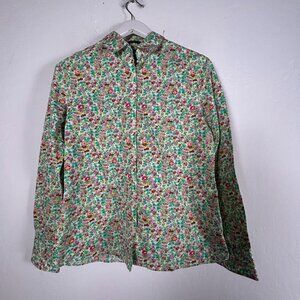 Lands' End Womens Floral No Iron Supima Cotton Button-Down Shirt Size 6 Green